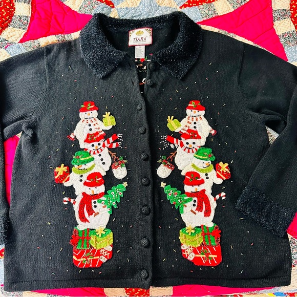 Vintage Y2K Tiara Intl Black Holiday Cardigan Sweater with Snowmen Size XL 2002 - Picture 3 of 9